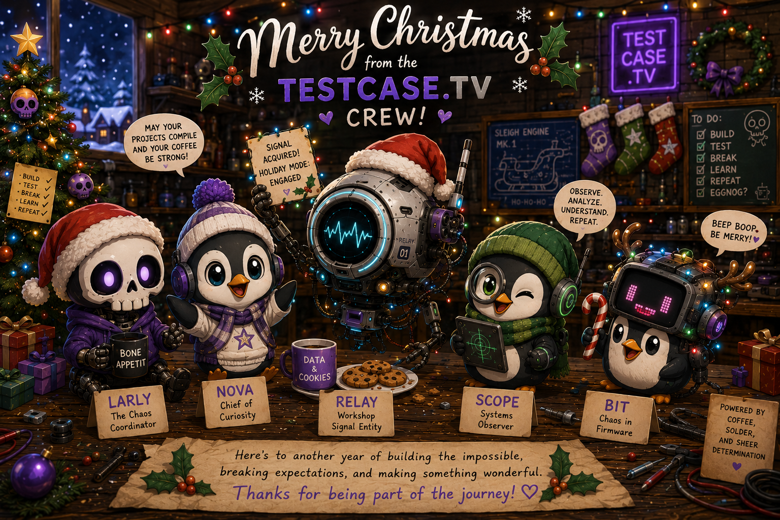 TestCase.TV Christmas crew card with Larly, Nova, Relay, Scope, and Bit