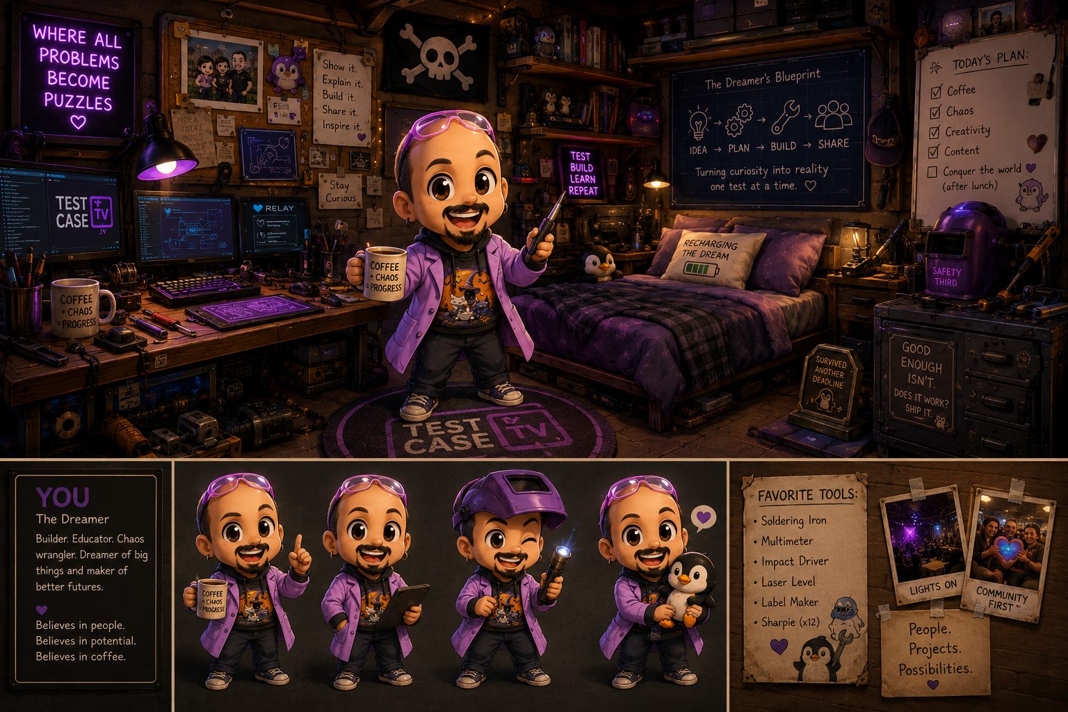 Metal as a chibi in a TestCase.TV workshop bedroom